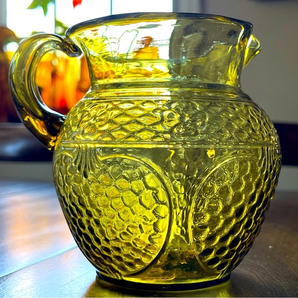 Vintage Avalos Mexican Handblown Floral & Fruit Small Amber/Green Glass Pitcher - Picture 7 of 16